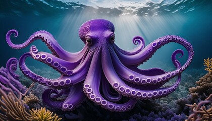 Wall Mural - a purple octopus with tentacles in the ocean suitable for marine life concepts