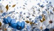 beautiful floral overlay with flying blue flowers and petals border isolated on transparent background