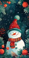 Wall Mural - Snowy Christmas night with a snowman