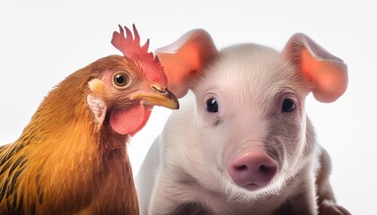 portrait of adorable piglet and curious chicken closeup isolated on white background