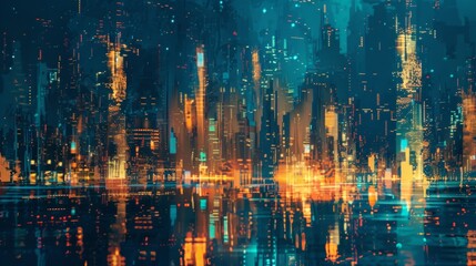 Canvas Print - An abstract interpretation of a city skyline at night, with glowing lights and reflections.