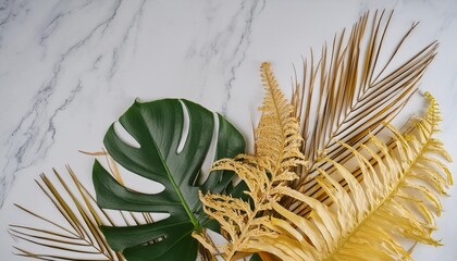 Wall Mural - monstera deliciosa and yellow palm tropical leaves isolated on white background