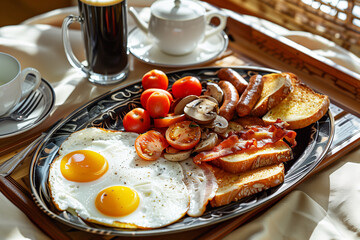 Traditional English breakfast. Plate of fried eggs, mushrooms, beans, tomatoes, bacon, sausages and toasts.