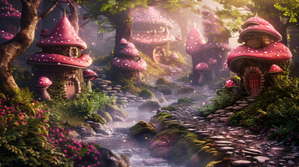 A whimsical fairytale background with an enchanted forest, small pink mushroom houses and doors, a sparkling stream flowing through the scene, a stone path leading to a fairytale castle