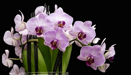 Wall Mural - a close up view of a bunch of purple orchid flowers arranged neatly in a transparent glass vase the vibrant purple hues of the blooms stand out against the green stems and leaves creating a striking