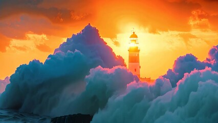 Poster - Majestic Lighthouse Embraced by Sunset Waves, A lighthouse standing tall against a vibrant orange sunset over the crashing ocean waves