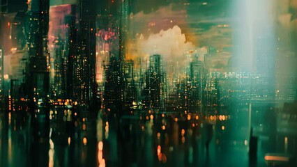 Sticker - A stunning painting capturing the essence of a cityscape, with towering buildings in the background, A loosely interpreted futuristic cityscape in abstract style