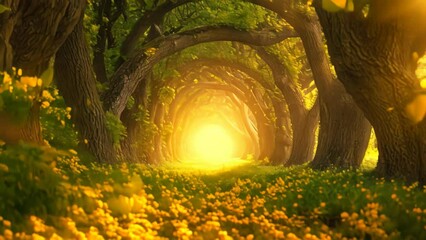 Wall Mural - A stunning photograph capturing the beauty of a tree tunnel adorned with sunlight streaming through it, A magical tree tunnel glowing in a golden sunset light