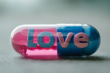 closeup of a pill with the word love on a grey background