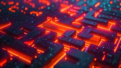 Poster - This photo shows a computer keyboard up close, illuminated by red and blue lights, A maze made of blockchain elements