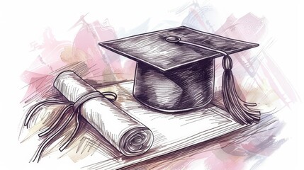 Wall Mural - graduation cap with tassel and rolled diploma sketch illustration education achievement