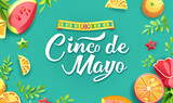 Fototapeta  - Cinco de mayo lettering on turquoise background. Festive banner of national holidays of Mexico. Happy Cinco de mayo fiesta logo. Cartoon colorful text illustration design for flyer, postcard, cover.