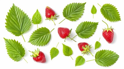 Wall Mural - isolated strawberry leaves on pure white background highresolution digital photo