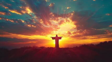 jesus christ with open arms salvation and resurrection concept vibrant sunset