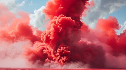 Wall Mural - Red pink smoke from a smoke bomb ,Red Smoke Clouds Background Explosion,Abstract pastel red color paint with dark background , Fluid composition with copy space