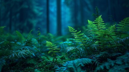 lush green ferns in enchanted forest on midsummer night nature background