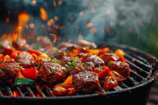 Grilled meat with vegetables on barbecue grill, close-up