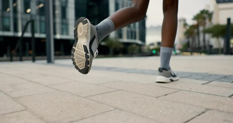 Canvas Print - City, running and feet of athlete on floor for exercise, fitness training and performance in cardio. Black woman, ground and closeup of sports with endurance for healthy body, workout and marathon