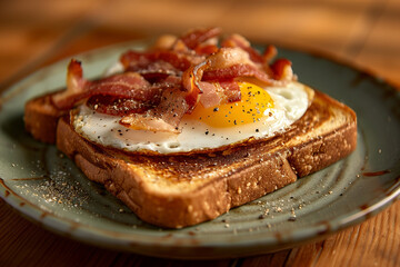 Wall Mural - Breakfast with fried egg, bacon and bread