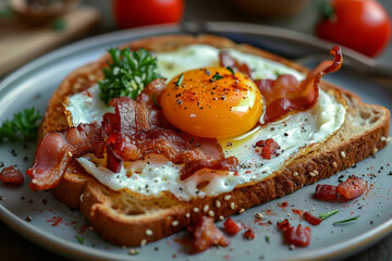 Wall Mural - Fried egg with bacon on toasted bread, food closeup