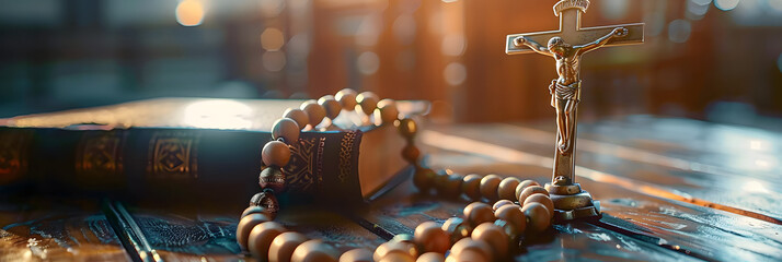 A wooden table with the Catholic Church liturgy and rosary beads