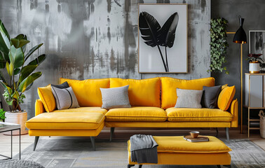 Sticker - A yellow sofa with pillows and an ottoman in front of the TV against the background of a concrete wall. Gray modern interior design of living room of new home