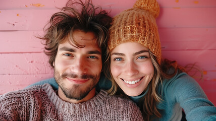 two young people , a man an woman couple in love making funny  faces on selfie camera ,whinter time