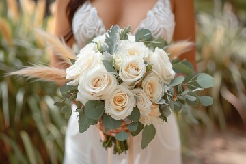 Canvas Print - bride's hand holding her bouquet, showcasing white roses and greenery