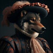 Realistic lifelike wolf in renaissance regal medieval noble royal outfits, commercial, editorial advertisement, surreal surrealism. 18th-century historical