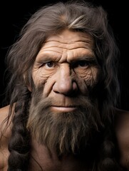 Canvas Print - portrait of a Neanderthal man isolated on a black background.