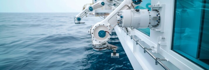 Leinwandbilder - Robotic Arm Performing Maintenance on a Ship at Sea against a Clear Sky