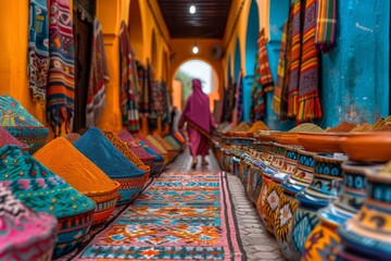  a colorful street market in the ancient city of Fez, Morocco, featuring a kaleidoscope of spices, textiles, and ceramics