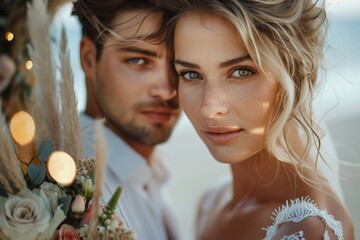 Wall Mural -  blonde bride with wavy hair and groom, in love, holding flowers, on the beach, bokeh lights