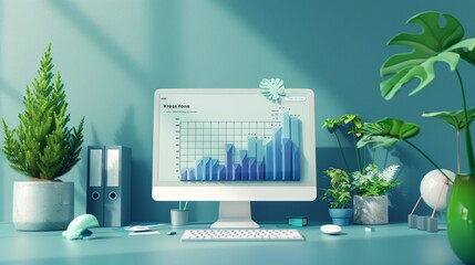 Fototapete - Modern Office Workspace with Computer and Indoor Plants
