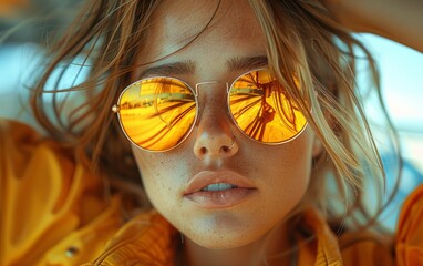 Wall Mural - Close up portrait of a beautiful girl with blond hair in sunglasses.