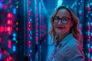 portrait of mature businesswoman working with servers in datacenter