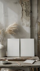 Aufkleber - A white wall with a vase of dried grass and two white canvases on a table