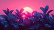   Sunset paints pink sky over leafy plant in front of colorful sky