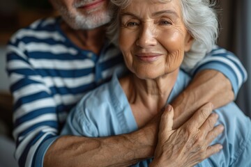 Wall Mural -  Closeup of a happy senior woman hugging her husband at home, with his hands on her chest.