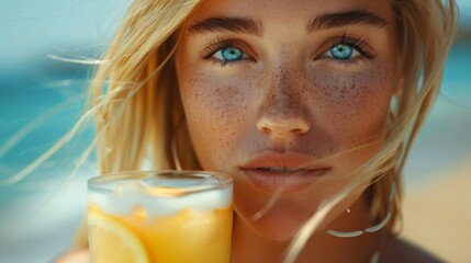 Poster - Stunning blonde woman with beautiful eyes holding a glass of juice, lemonade on the beach, close-up