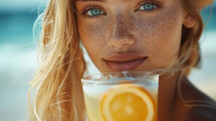 Poster - Stunning blonde woman with beautiful eyes holding a glass of juice, lemonade on the beach, close-up