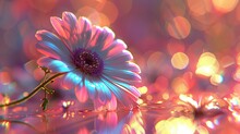   A Pink And Blue Flower On A Reflective Surface With A Blurred Background Of Lights