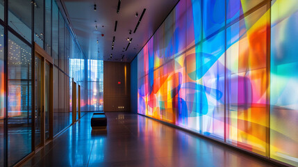 Colorful, abstract shapes projected onto the walls of a sleek, modern room, creating a dynamic visual experience.