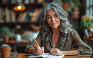 Wall Mural -  over 50 woman with dark hair sitting at a desk writing an article