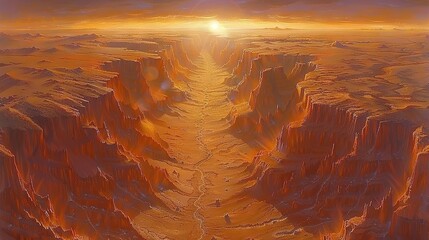 Wall Mural -   A painting depicts a desert landscape bathed in sunlight, with cloud-filtered rays casting shadows over canyons and distant mountains