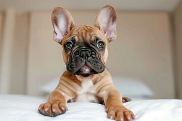 Poster -  A cute brown French Bulldog puppy with big ears is sitting on the white bed, with its front paws hanging down and looking at you curiously.