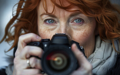 Wall Mural -  Close-up of a 55-year-old red-haired woman, photographer, taking a photo with camera. 