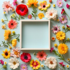Poster - A white frame with a colorful flower arrangement surrounding it. The frame is empty, and the flowers are of various colors and sizes. Concept of beauty and vibrancy