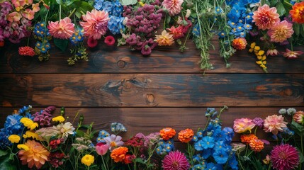 Aufkleber - A wooden frame with a colorful arrangement of flowers. The flowers are of various colors and sizes, and they are arranged in a way that creates a sense of depth and dimension