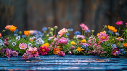 Poster - A beautiful bouquet of flowers is displayed on a wooden table. The flowers are of various colors and sizes, creating a vibrant and lively atmosphere. The arrangement is a perfect example of the beauty